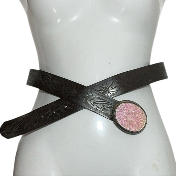 hipwear Accessories - Italian Leather Belt Floral Embossed Western Design Glitter Buckle